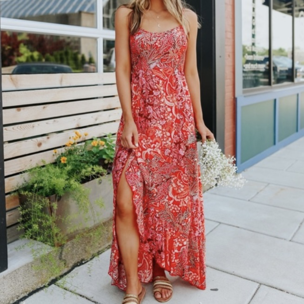 Free People Intimately Forever YoursSmocked Slip Dress Red Floral MaxiDress